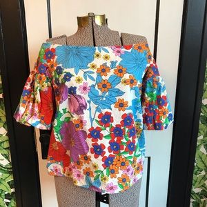 Retro 60s rainbow floral off shoulder top